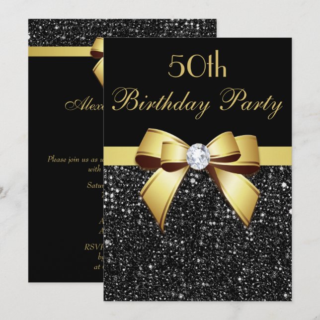 Any Age Birthday Faux Sequins Bow Black Gold Invitation (Front/Back)