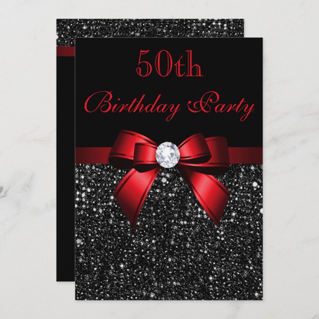 Any Age Birthday Faux Sequins Bow Black Red Invitation (Front/Back)