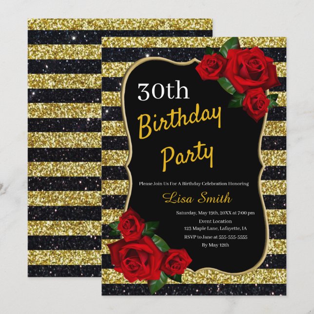 Any Age Birthday Gold And Black Glitter Red Roses Invitation (Front/Back)