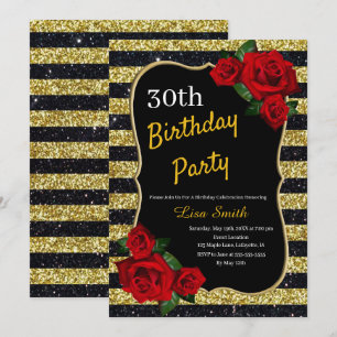 Any Age Birthday Gold And Black Glitter Red Roses Invitation