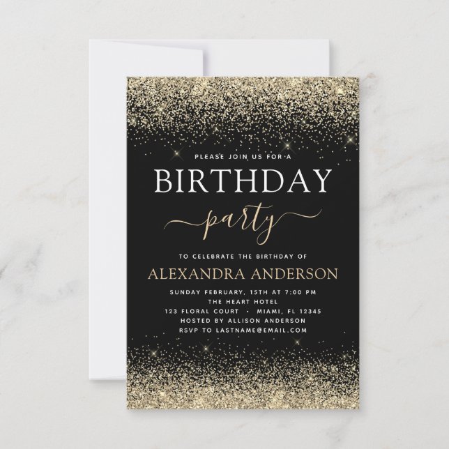 Any Age Birthday Gold Black Modern Glitter Invitation (Front)