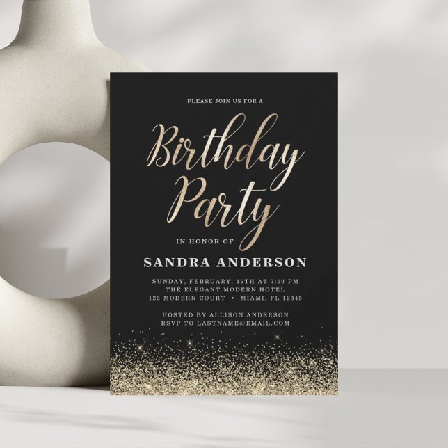 Any Age Birthday Gold Black Modern Glitter Invitation (Creator Uploaded)