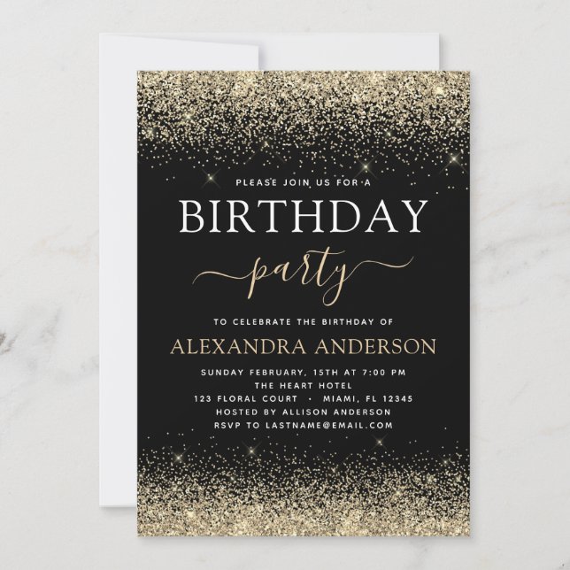 Any Age Birthday Gold Black Modern Glitter Invitation (Front)