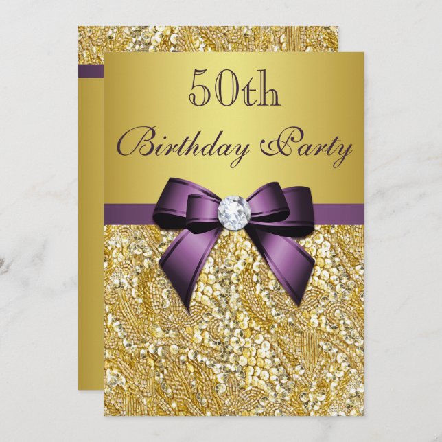 Any Age Birthday Gold Faux Sequins Purple Bow Invitation (Front/Back)