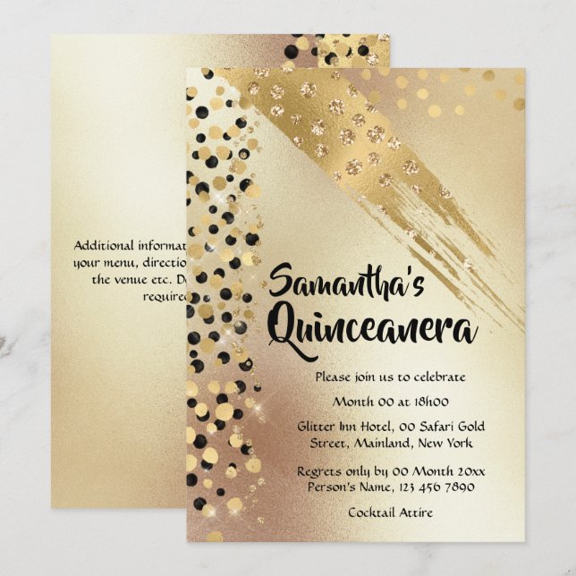 Any age birthday gold glitter black confetti chic invitation (Front/Back)