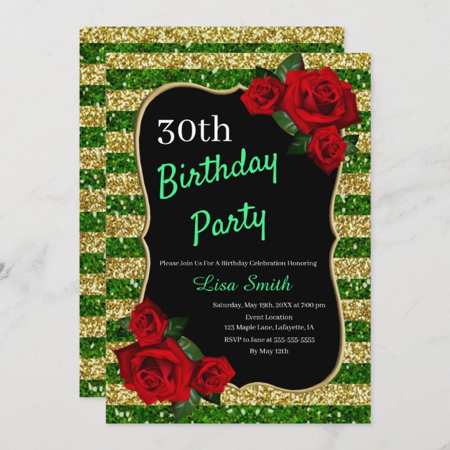 Any Age Birthday Green And Gold Glitter Red Roses Invitation (Front/Back)