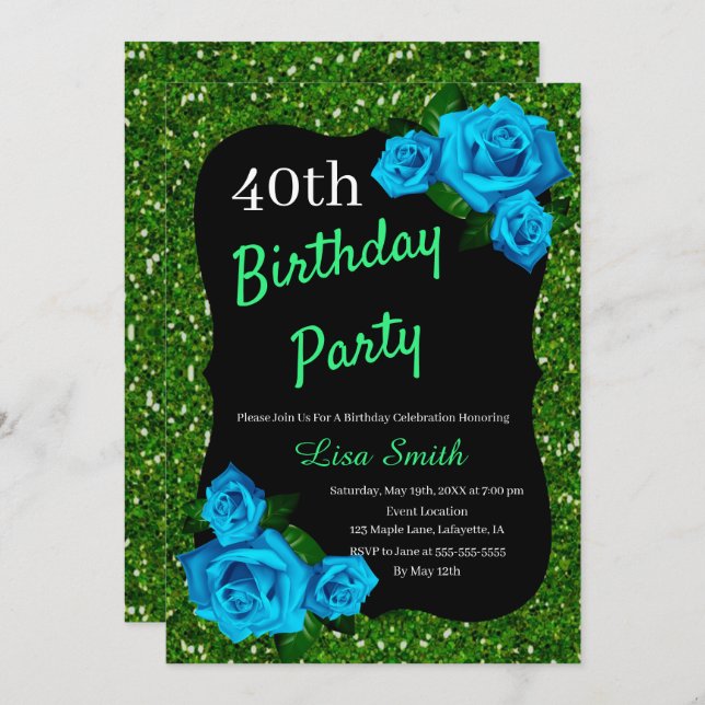 Any Age Birthday Green Glitter Blue Roses Invitation (Front/Back)
