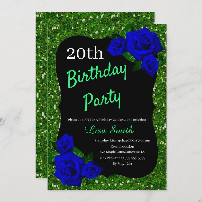 Any Age Birthday Green Glitter Deep Blue Roses Invitation (Front/Back)