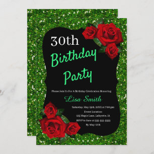 Any Age Birthday Green Glitter Red Roses Invitation