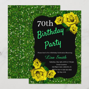 Any Age Birthday Green Glitter Yellow Roses Invitation