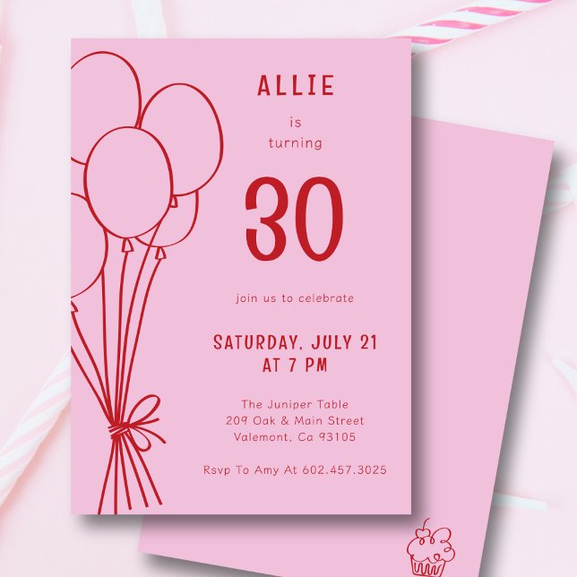 Any Age Birthday Hand Drawn Balloon Pink Red Invitation (Creator Uploaded)
