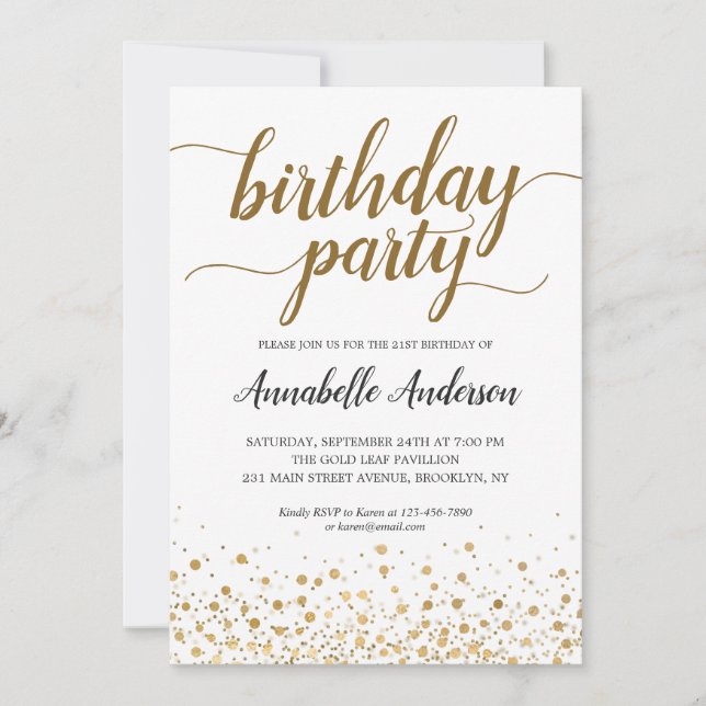 Any Age Birthday Modern Gold Confetti Dots Script Invitation (Front)