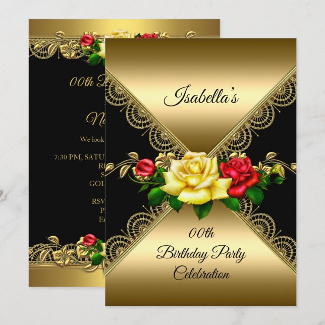 Any age Birthday Party Black Gold red yellow Roses Invitation (Front/Back)