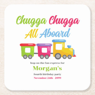 Any Age Birthday Party Chugga Choo Colourful Train Square Paper Coaster
