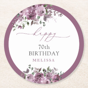Any Age Birthday Party Elegant Purple Roses Round Paper Coaster