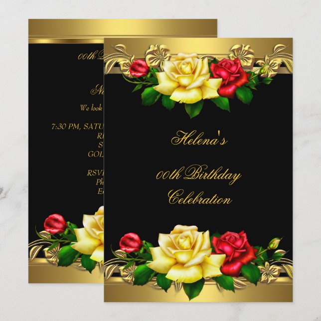 Any Age Birthday Party Elegant Red Gold Roses 3 Invitation (Front/Back)