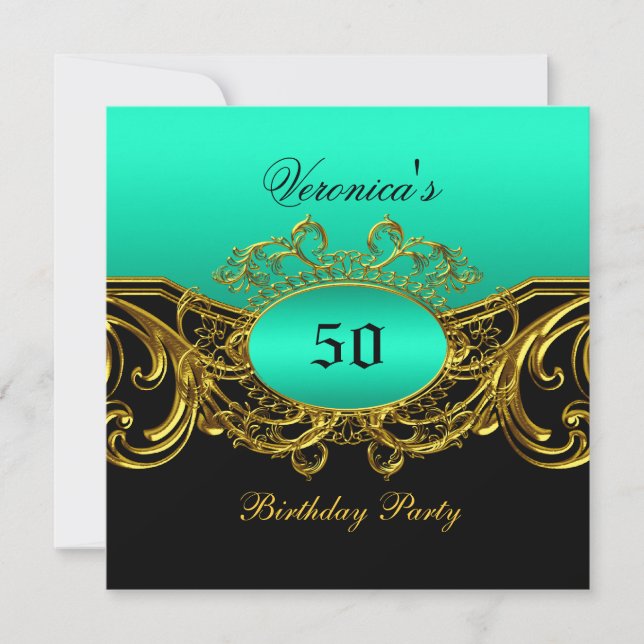 Any Age Birthday Party Elegant Teal Black Gold Invitation (Front)