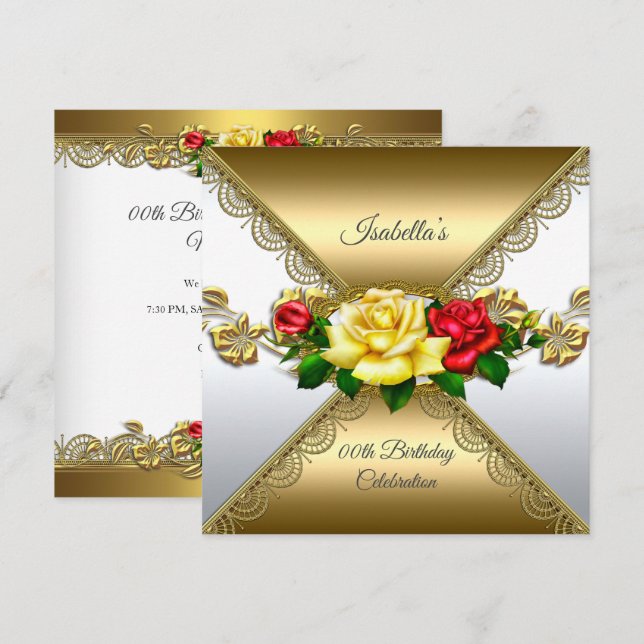 Any age Birthday Party Gold red yellow Roses Invitation (Front/Back)