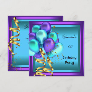 Any Age Birthday Party Purple Teal Balloons Invitation