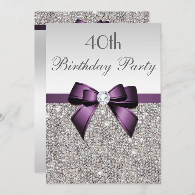 Any Age Birthday Party Silver Sequin Purple Bow Invitation (Front/Back)