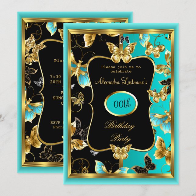 Any age Birthday Party Teal Blue Gold Butterfly  Invitation (Front/Back)
