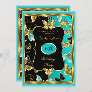 Any age Birthday Party Teal Blue Gold Butterfly  Invitation