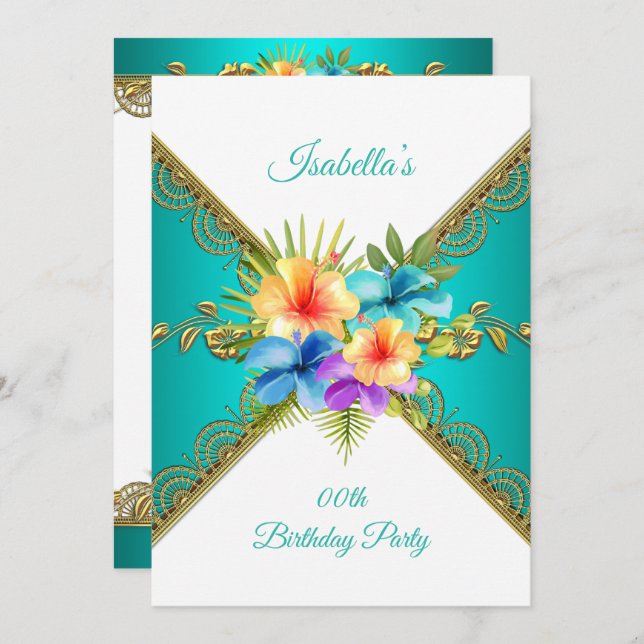 Any age Birthday Party teal blue gold white Floral Invitation (Front/Back)