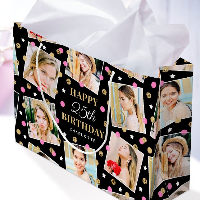 Any Age Birthday Photo Collage Pink 25th Large Gift Bag (Creator Uploaded)