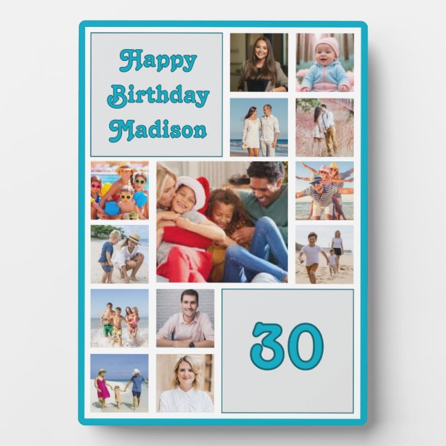Any age birthday photo collage with blue border   plaque (Front)