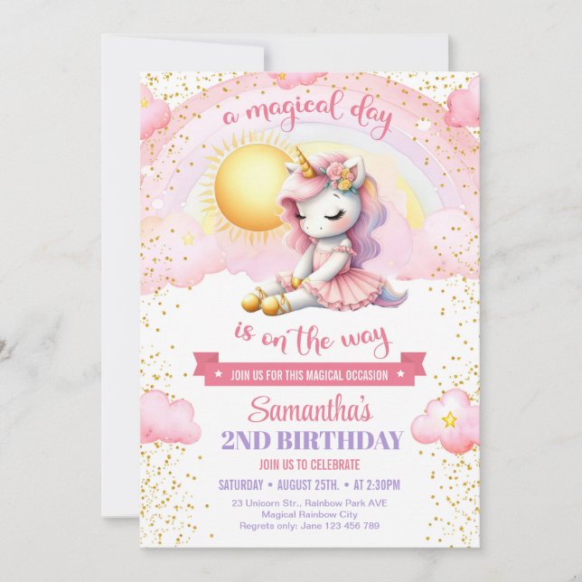 Any Age birthday Pink and gold tutu dress unicorn  Invitation (Front)