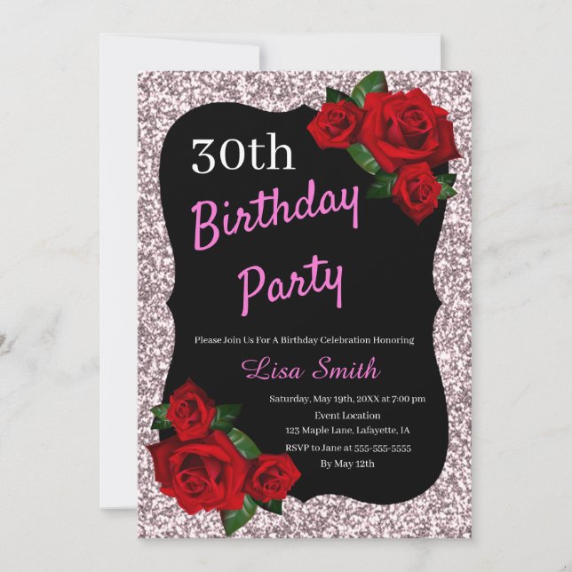 Any Age Birthday Pink Glitter Red Roses Invitation (Front)