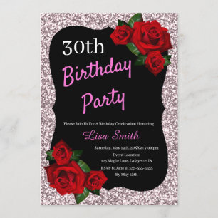 Any Age Birthday Pink Glitter Red Roses Invitation