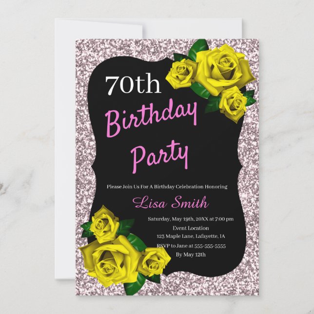 Any Age Birthday Pink Glitter Yellow Roses Invitation (Front)