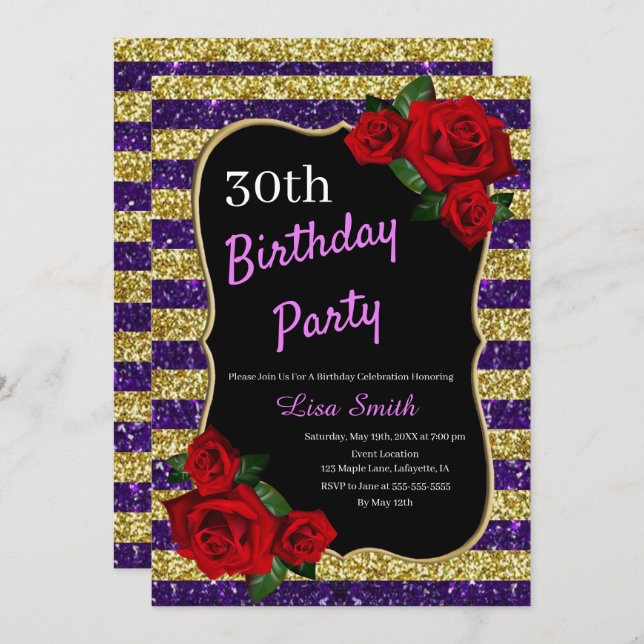 Any Age Birthday Purple And Gold Glitter Red Roses Invitation (Front/Back)