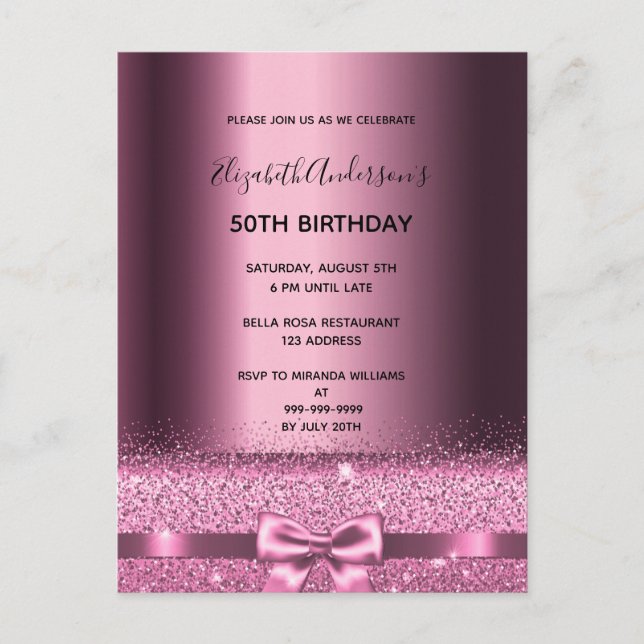 Any age birthday purple burgundy glam invitation postcard (Front)