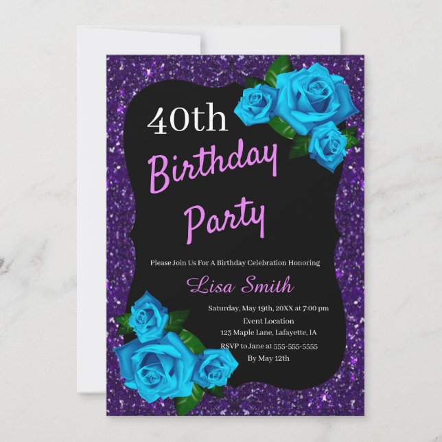 Any Age Birthday Purple Glitter Blue Roses Invitation (Front)