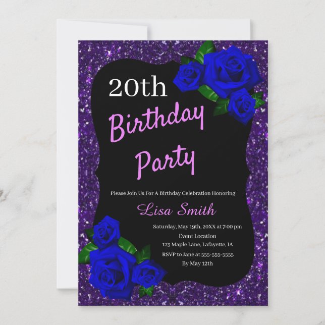 Any Age Birthday Purple Glitter Deep Blue Roses Invitation (Front)