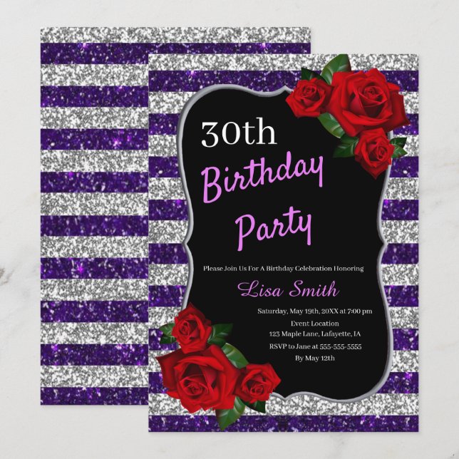 Any Age Birthday Purple Silver Glitter Red Roses Invitation (Front/Back)