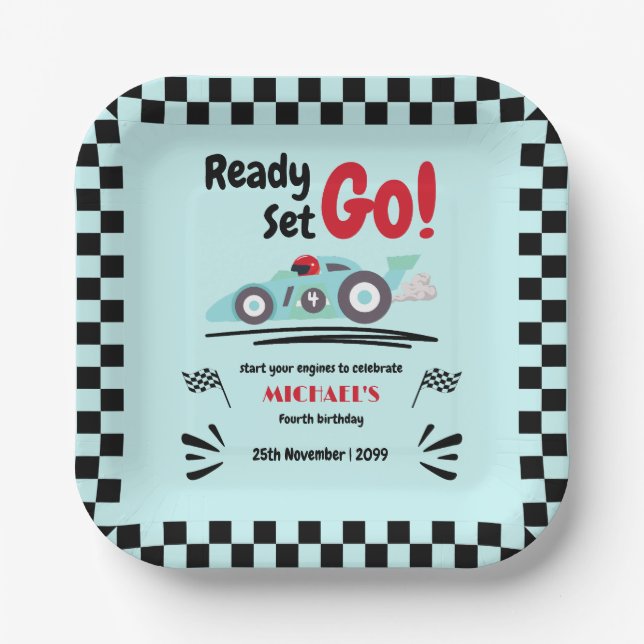 Any Age Birthday Ready Set Go Blue Race Car Paper Plate (Front)