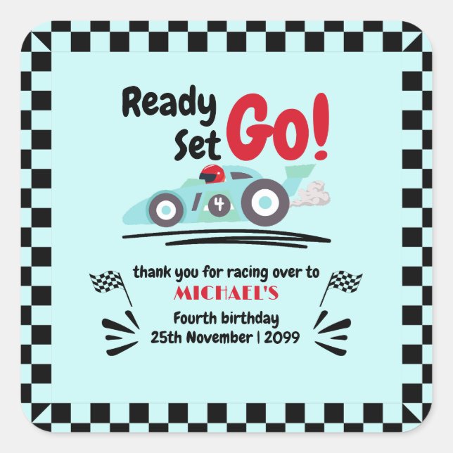 Any Age Birthday Ready Set Go Blue Race Car Square Sticker (Front)