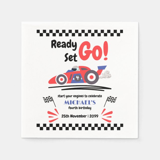 Any Age Birthday Ready Set Go Red Blue Race Car Napkin (Front)