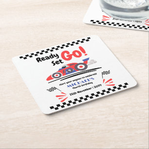 Any Age Birthday Ready Set Go Red Blue Race Car Square Paper Coaster