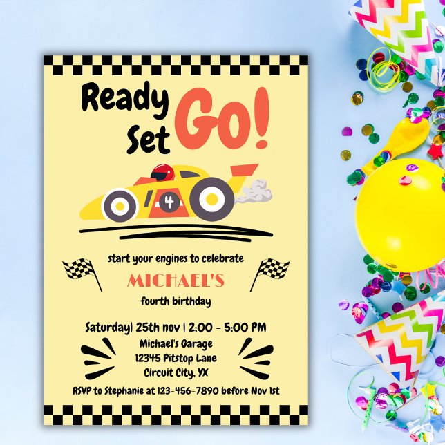 Any Age Birthday Ready Set Go Yellow Race Car Invitation (Creator Uploaded)