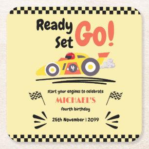 Any Age Birthday Ready Set Go Yellow Race Car Square Paper Coaster