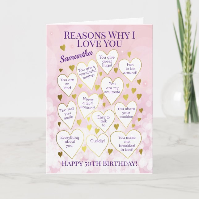 Any Age Birthday Reasons Why I Love You Pink Card (Front)