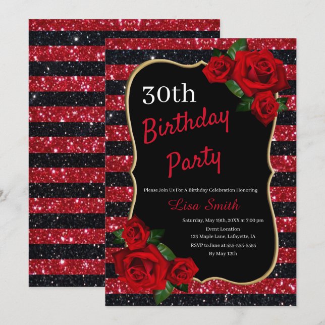 Any Age Birthday Red And Black Glitter Red Roses Invitation (Front/Back)