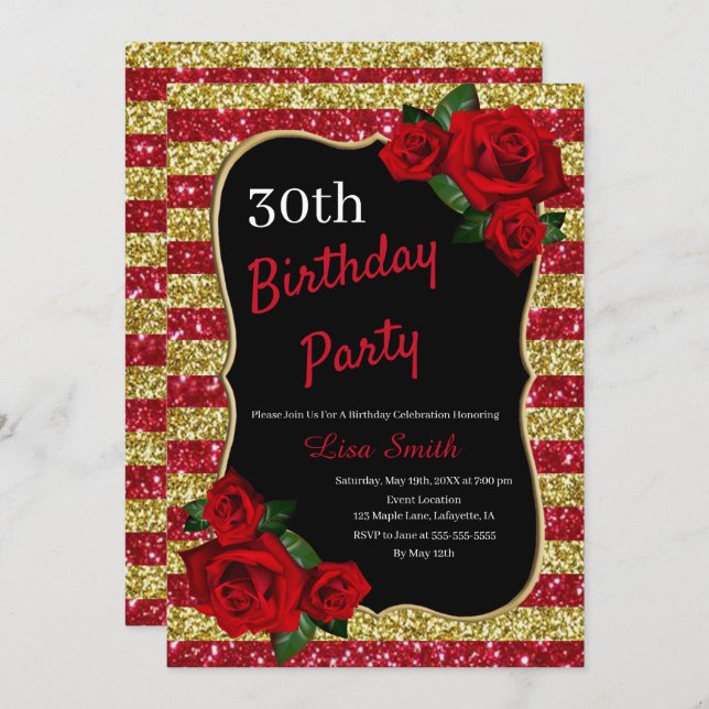 Any Age Birthday Red And Gold Glitter Red Roses Invitation (Front/Back)