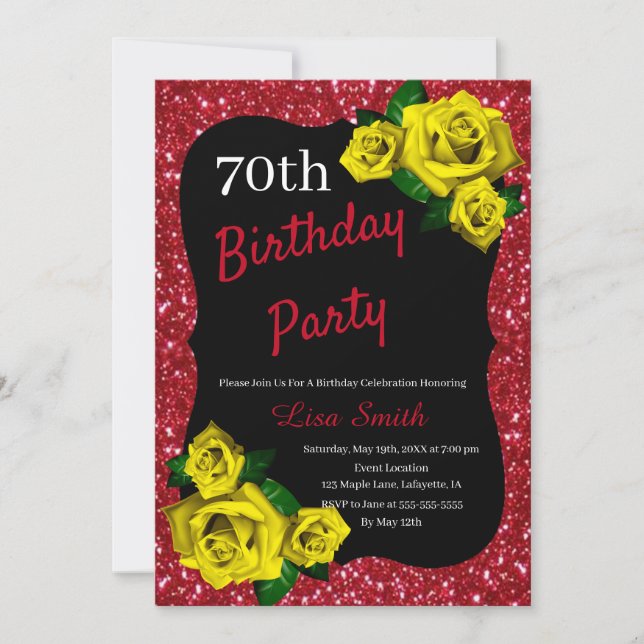 Any Age Birthday Red Glitter Yellow Roses Invitation (Front)