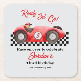 Any Age Birthday Red Race Car Ready Set Go Square Paper Coaster