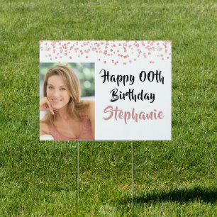 Any Age Birthday Rose Gold Confetti Photo Lawn Garden Sign